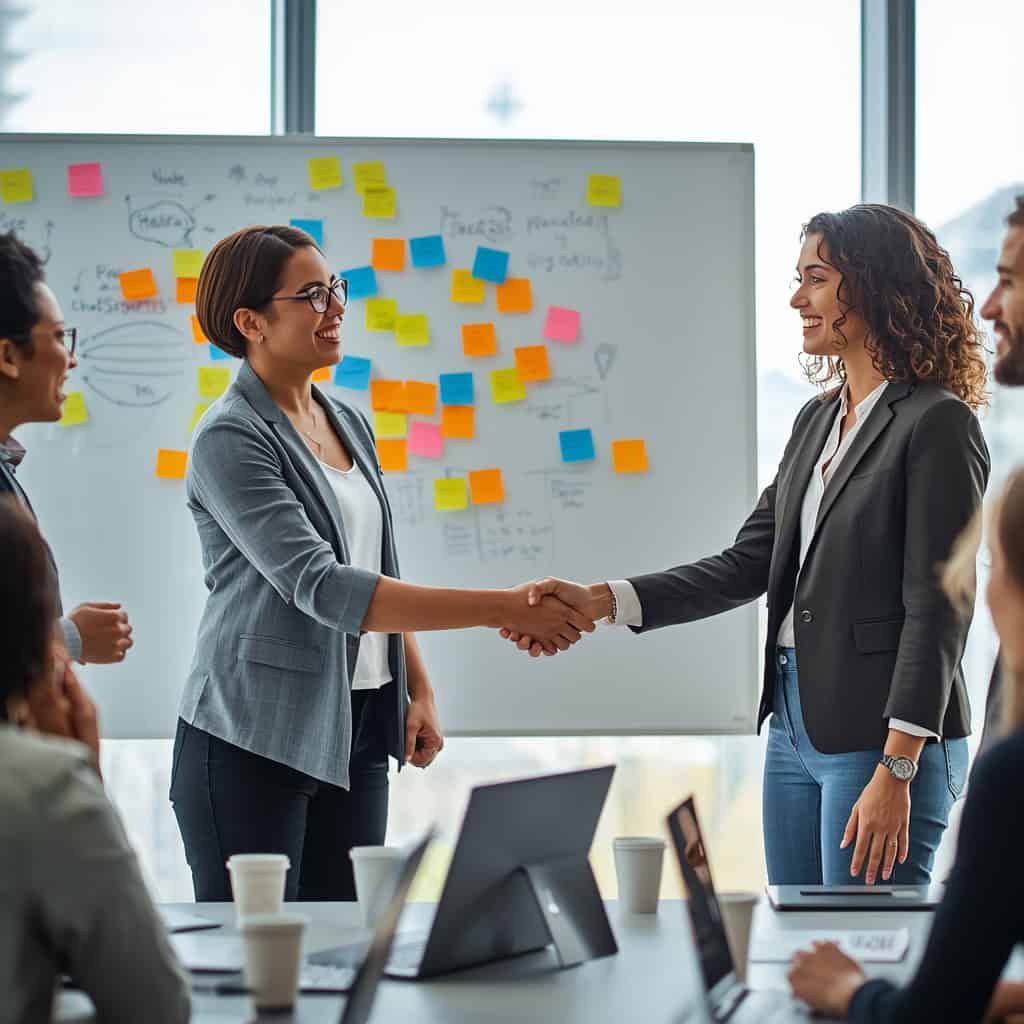 Leistungen lucid origin a small team of entrepreneurs standing in front of a whiteboard filled with colo 0